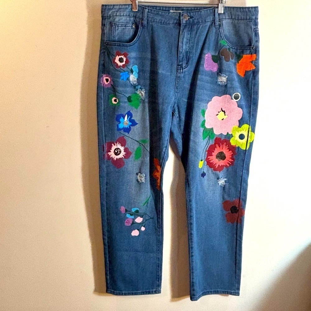 MISSLOOK SZ 5XL (US 16 equivalent) Painted Floral Straight Leg High Rise Jeans - Picture 2 of 12